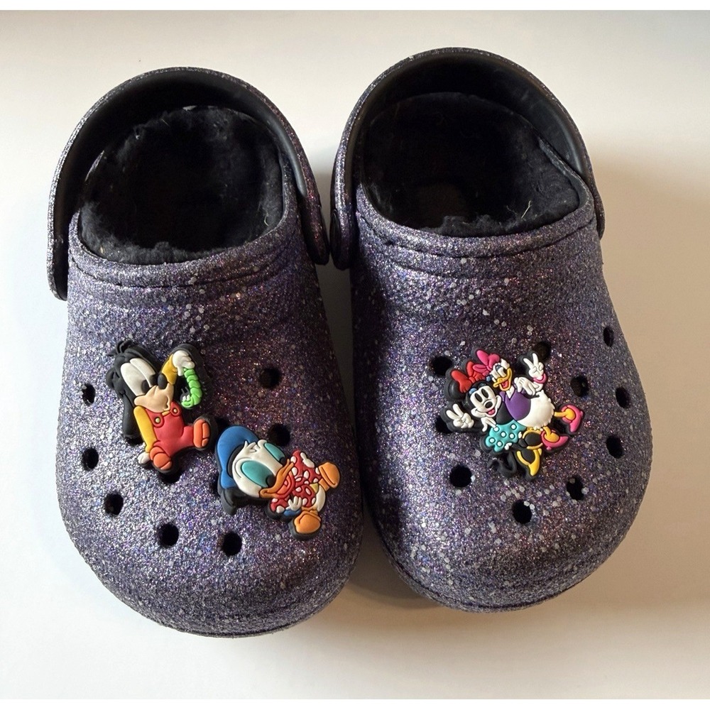 Crocs Disney Toddler Size C7 Purple Glitter Fuzzy Lined Clogs Mickey Minnie